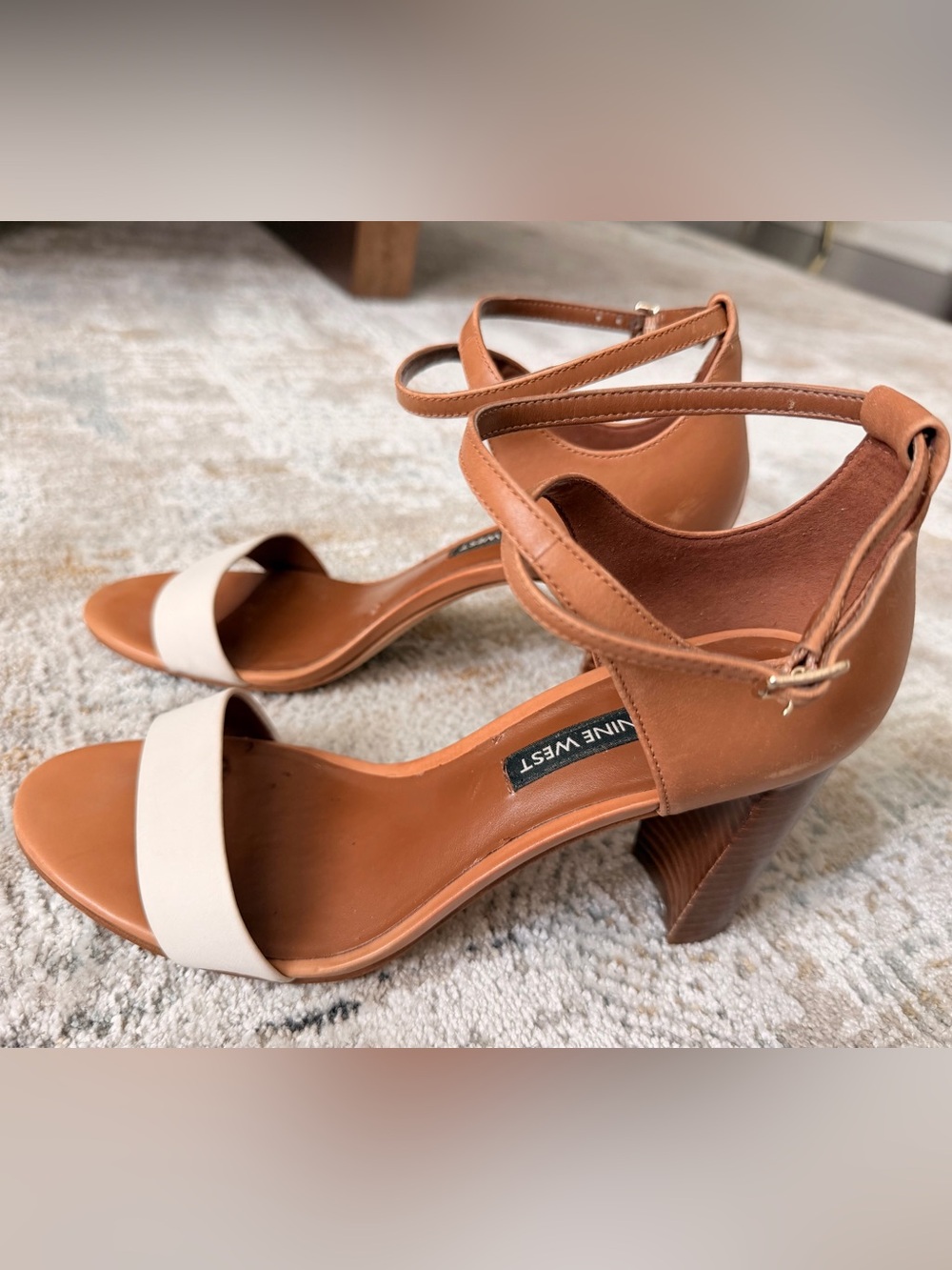 Nine West Tan and Cream Strappy Block Heel Sandals